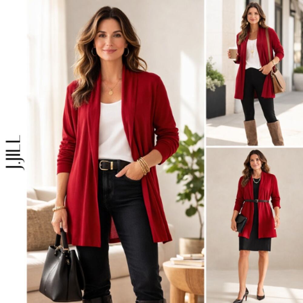 J JILL Red Longline Cardigan Open Front Lightweight Sweater M